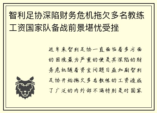 智利足协深陷财务危机拖欠多名教练工资国家队备战前景堪忧受挫